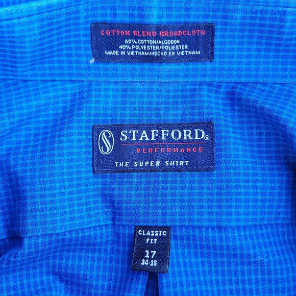 Men's Stafford Performance Super Shirt Blue Check Dress Shirt - Size 17 - 34/35 - Picture 6 of 7